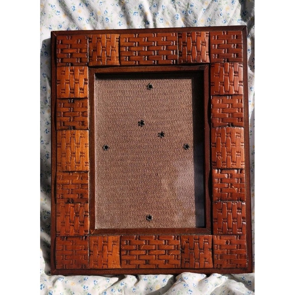 Burnes Of Boston Frame Rare Woods For 5x7 Brown Basketweave Patchwork Vtg 10x8.5
